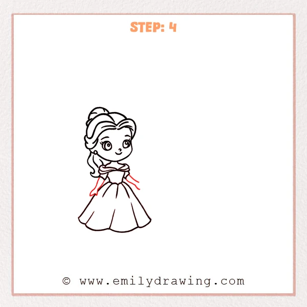 how to draw a beauty and the beast - Step 4: Belle’s arms are added, including one reaching outward for a hand-holding pose.